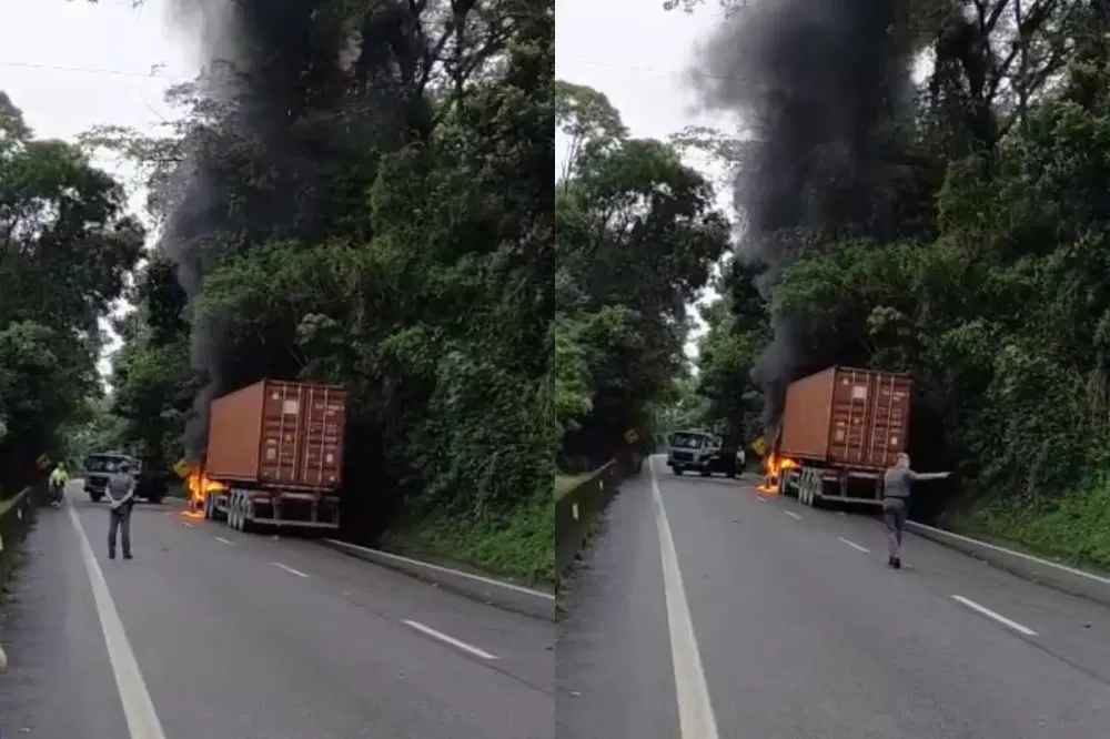 Incêndio em carreta que transportava resina interdita Rodovia Anchieta em Cubatão